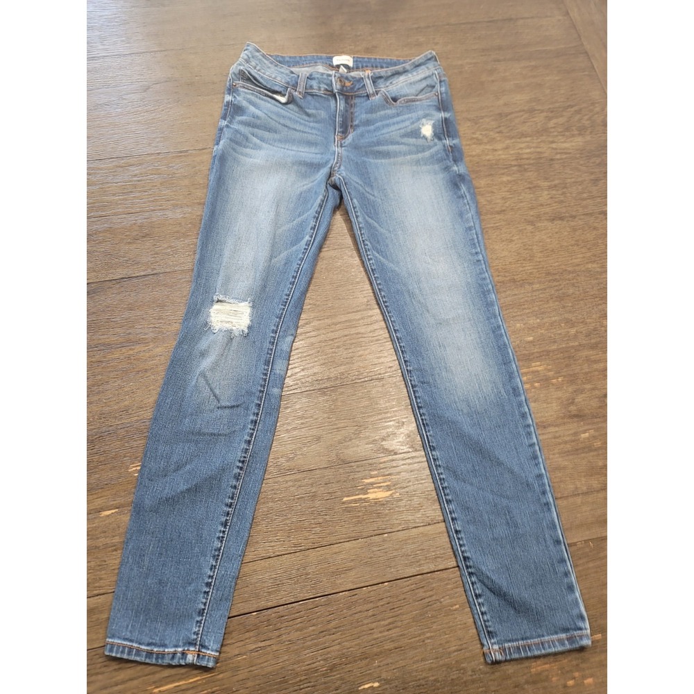Sneak Peek Jeans Womens Size 6 Distressed Low Rise Stretch Blue Wash, Frayed